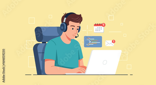 Illustration of a young man working from home remotely with a laptop and headset