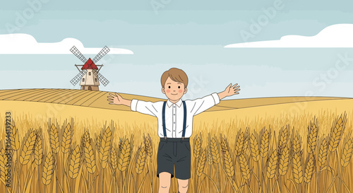 Illustration of a joyful boy standing in a wheat field with a windmill background represents rural bliss