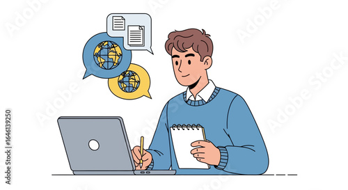 Illustration of a young man working on a laptop with international communication concepts