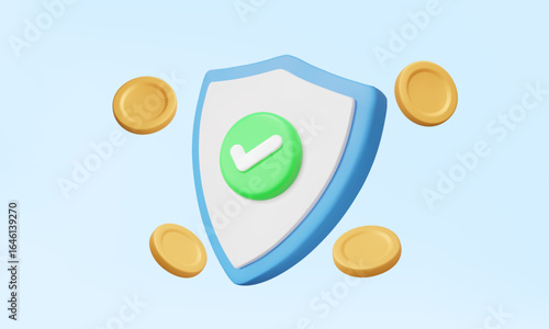 Security protection shield icon with check mark coins on pastel background. Money transfer currency payment insurance finance online system bank investment concept. 3d vector illustration. 