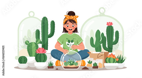 Illustration of a young woman creating a terrarium with cacti and succulents in a glass container indoor enjoying her hobby