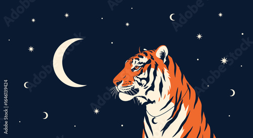 Illustration of a majestic tiger gazing at the moon under a starry night sky background