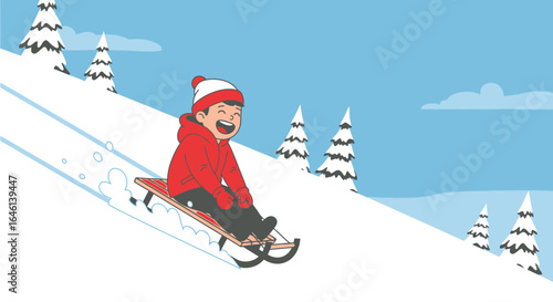 Joyful Boy Enjoying Sledding Adventure Down Snowy Hill On Winter Holiday