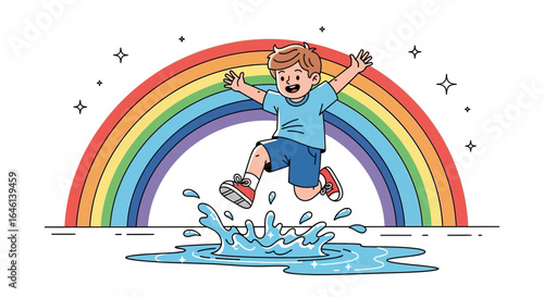 Joyful boy leaps over a puddle with a vibrant rainbow as a backdrop illustration