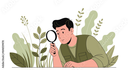 Illustration of a male botanist examining plants with a magnifying glass outdoors in nature