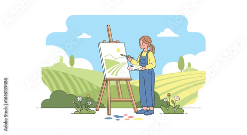 Illustration of a young woman painting outdoors capturing the essence of nature