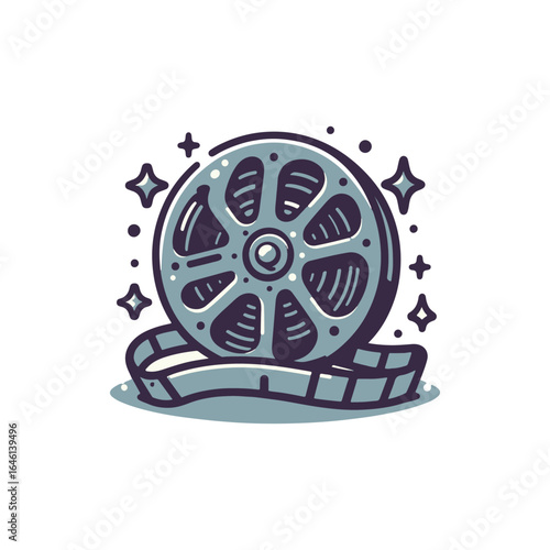 Vintage film reel with a film strip, surrounded by sparkling stars, ideal for cinema-related themes