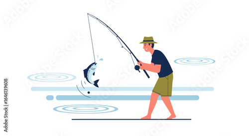 Illustration of a man fishing, depicting the thrill of catching a fish with a fishing rod and bait in an aqua setting