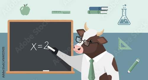 Illustration of an anthropomorphic cow teacher solving math problem on blackboard in the classroom