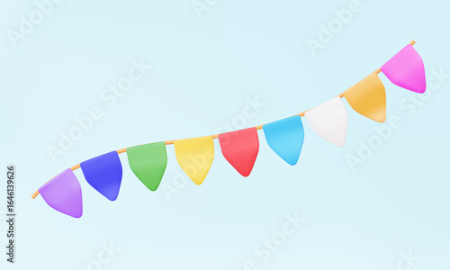 3D vector icon Flag garland colorfu on pastel background. Bunting theme rope decor party festival surprise Design feast celebration template congratulation event. cartoon illustration style