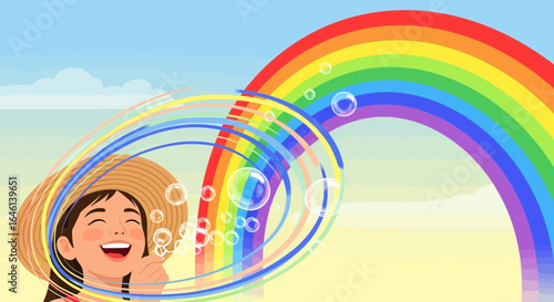 Joyful child in sunhat blowing bubbles under vibrant rainbow illustration