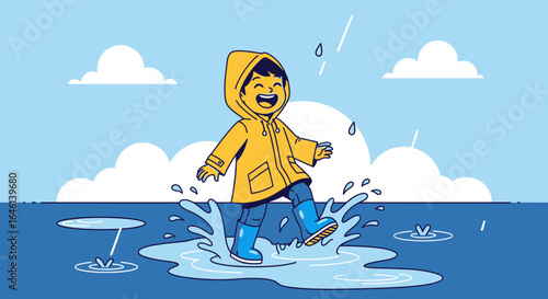 Joyful Child Puddling in the Rain, Happy Childhood Memories Illustrated Scene