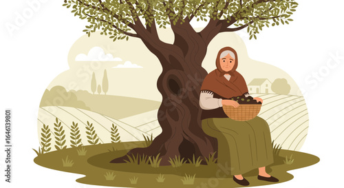 Illustration of an elderly woman resting under an olive tree in the countryside depicting a peaceful rural life scene