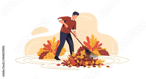 Illustration of a man raking fallen autumn leaves in a yard with colorful bushes