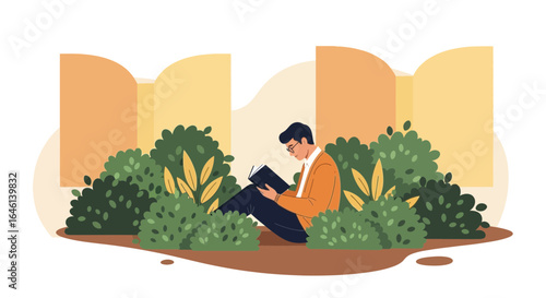 Illustration of a man reading a book outdoors surrounded by bushes and open windows offering a peaceful reading nook