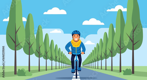 Illustration of a man riding a bicycle on a road lined with trees on a sunny day