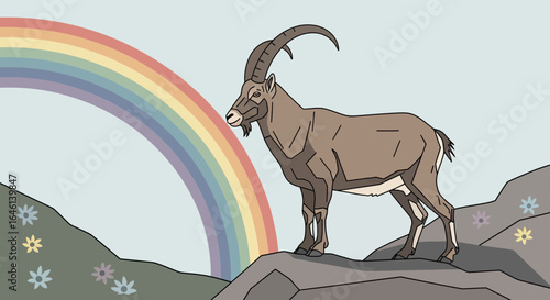 Illustration of an ibex on a mountain with a rainbow in the background beautifully drawn