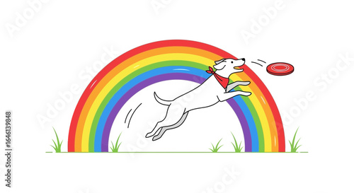 Joyful Dog Leaping Under A Rainbow Chasing A Flying Disc Vector Illustration