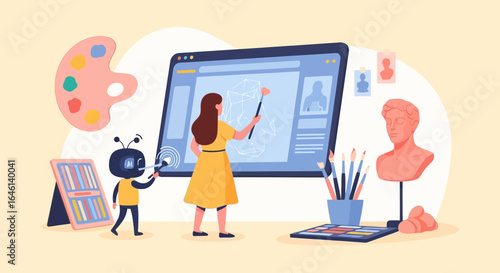 Illustration of creative process with digital tools and human artist collaborating