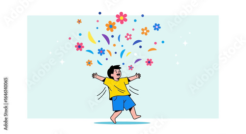 Joyful kid with flowers illustration representing happiness and celebrations happy childhood moments