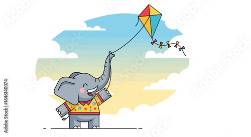 Illustration of cute elephant flying kite in the sky illustration for kids, colorful background and design, summer concept