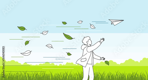 Illustration of a man with leaves and a paper airplane soaring in a serene scene