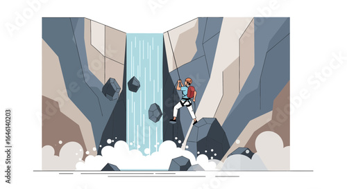 Illustration of a mountain climber rappelling down a waterfall cliff face adventure