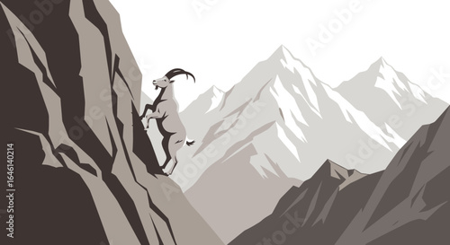 Illustration of a mountain goat climbing a steep rocky cliff in a mountainous landscape scene