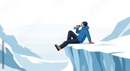 Illustration of a mountaineer resting on a snowy mountain drinking water enjoying the view
