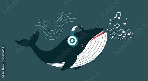 Illustration of a musical whale wearing headphones and singing with musical notes