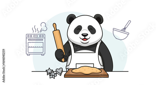 Illustration of a panda bear baking cookies, isolated on white background cute character in apron holding rolling pin and preparing dough
