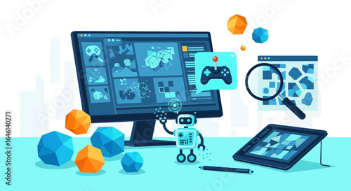 Illustration of game development process featuring a robot and design software tools