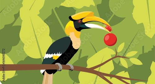 Illustration of Great Hornbill perched on a branch with vibrant foliage and fruit in its beak showing the beauty of wildlife