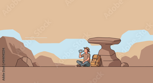 Illustration of Hiker Resting and Hydrating in the Desert Landscape with Unique Rock Formations