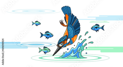 Kingfisher diving into water to catch fish illustration with vibrant colors and playful design suitable for children or nature enthusiasts