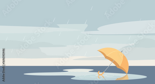 Illustration of rainy weather with yellow umbrella in a puddle near the sea or lake