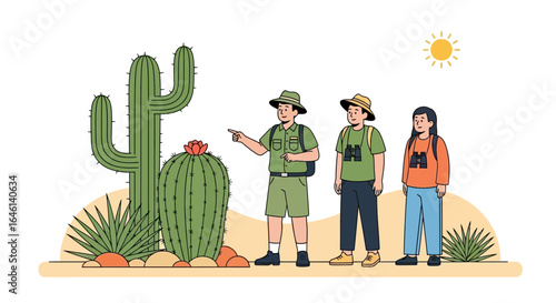 Illustration of tourists observing desert flora and fauna in the arid landscape