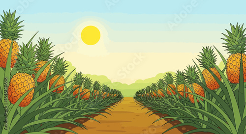 Illustration of a pineapple plantation under a bright sun minimalist vector design background for farming and agriculture applications