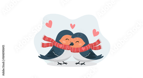 Illustration of two birds in love sharing a scarf, surrounded by hearts, symbolizing affection and valentines day