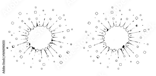 Bursting star shapes with scattered squares explosion abstract