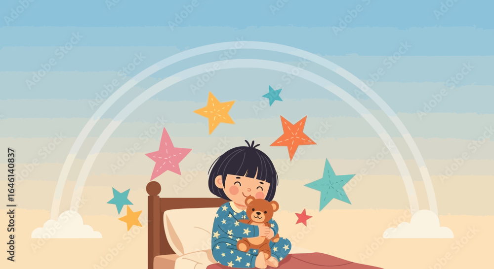 Naklejka premium Little Girl Hugging Teddy Bear Surrounded by Stars in Dreamy Bedroom