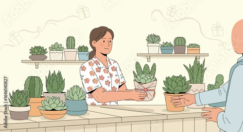 Illustration Of Woman In Flower Shop Selling Potted Plants And Succulents