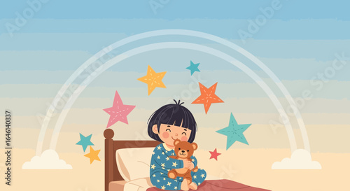 Little Girl Hugging Teddy Bear Surrounded by Stars in Dreamy Bedroom
