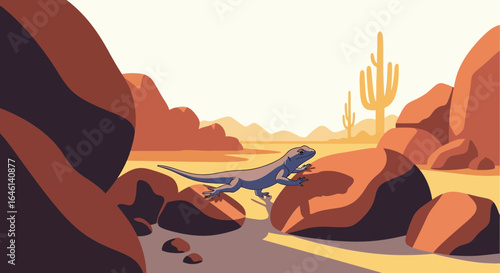 Lizard Hiking Across Desert Rocks Underneath The Hot Desert Sun Illustration