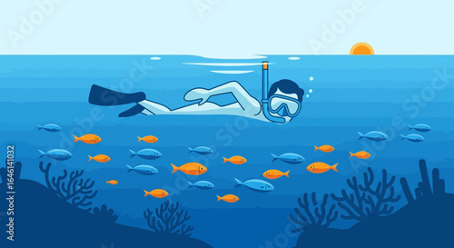 Illustration of a scuba diver exploring underwater marine life and coral reefs at sunset