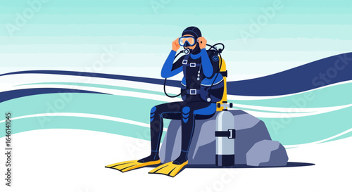 Illustration of a scuba diver preparing to dive in the ocean for a scuba diving experience