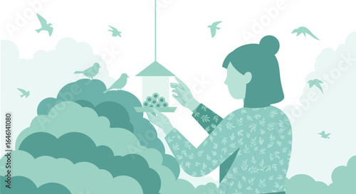 Illustration showcasing a woman feeding birds at a bird feeder in a serene setting depicting nature and wildlife interaction