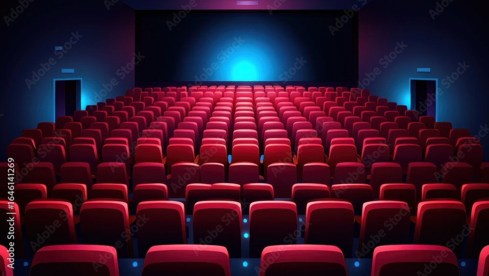 Obraz premium Rows of Empty Red Seats in a Movie Theater Awaiting the Audience with a Large Screen and Blue Ambient Lighting Creating a Cinematic Experience
