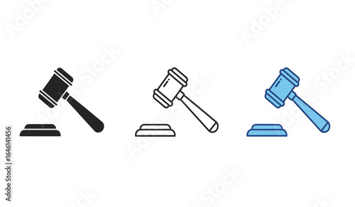 Minimalist Gavel Icon Set Depicting Law Justice and Legal Proceedings in Outline Solid and Colored Styles for Versatile Design Applications