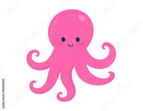 Cute Cartoon-Style Pink Octopus with Smiling Face, Isolated